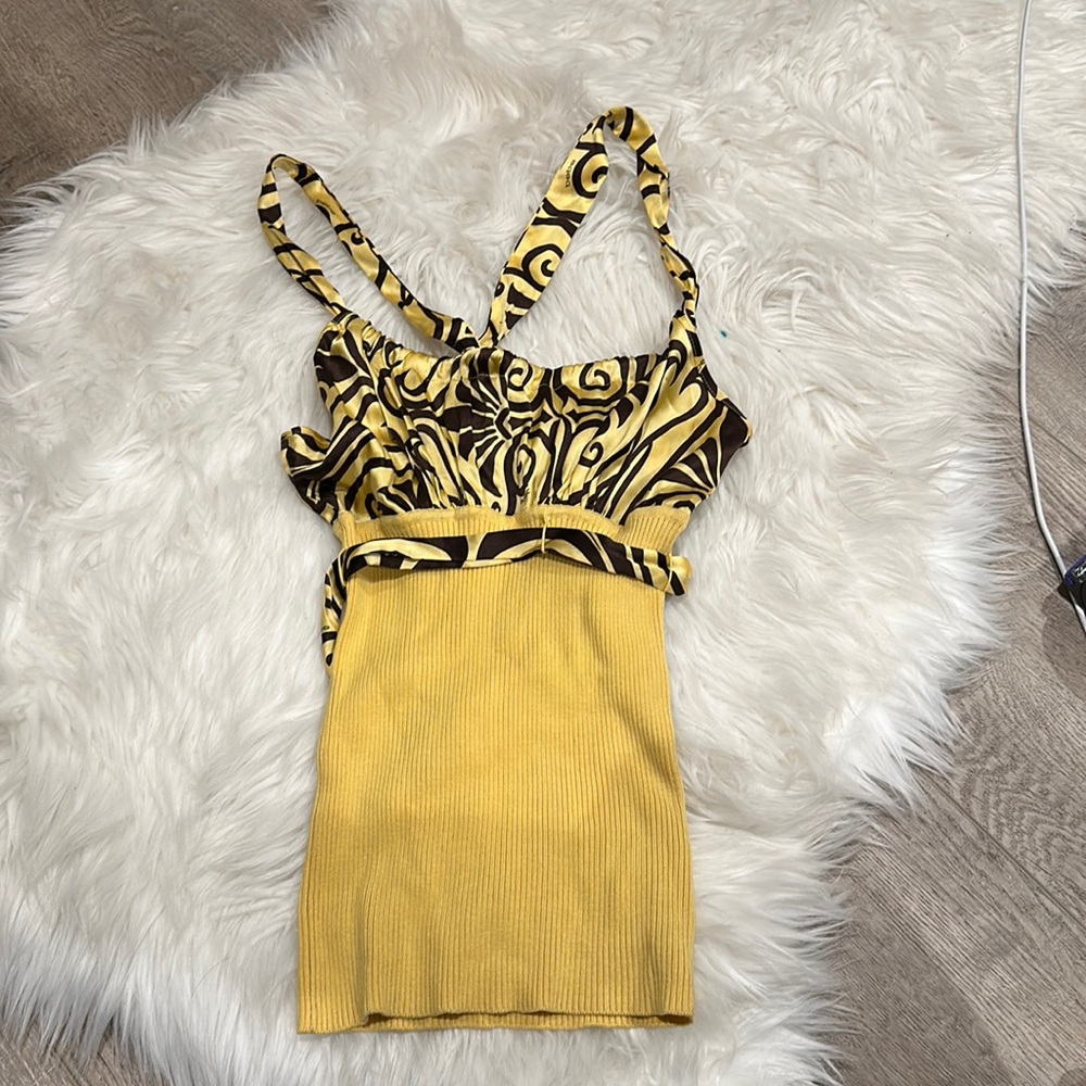 Bebe satin ribbed yellow patterned halter top XS women